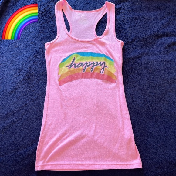 No Boundaries Tops - No boundaries pink ribbed “Happy” rainbow tank top medium (juniors)